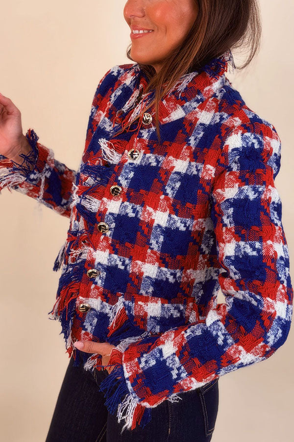 Women's blue checked jacket with fringed trim, long sleeves and button front