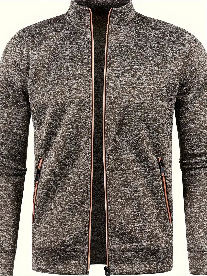Men's full-zip cardigan with stand collar, long sleeves and zipped side pockets
