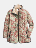Women's terracotta floral quilted jacket with stand collar and front pockets