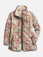 Women's terracotta floral quilted jacket with stand collar and front pockets