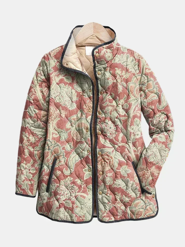 Women's terracotta floral quilted jacket with stand collar and front pockets
