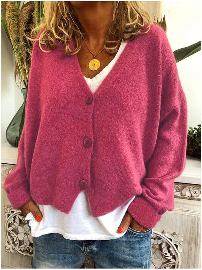 Women's long-sleeve V-neck button cardigan with ribbed cuffs and hem
