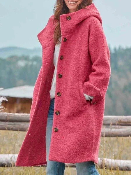 Women's longline hooded coat with button front and striped turn-back cuffs