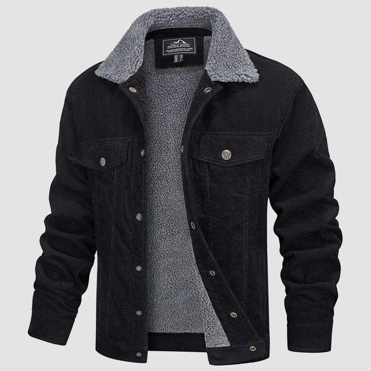 Men's corduroy-style jacket with sherpa-style collar, snap fastening and pockets