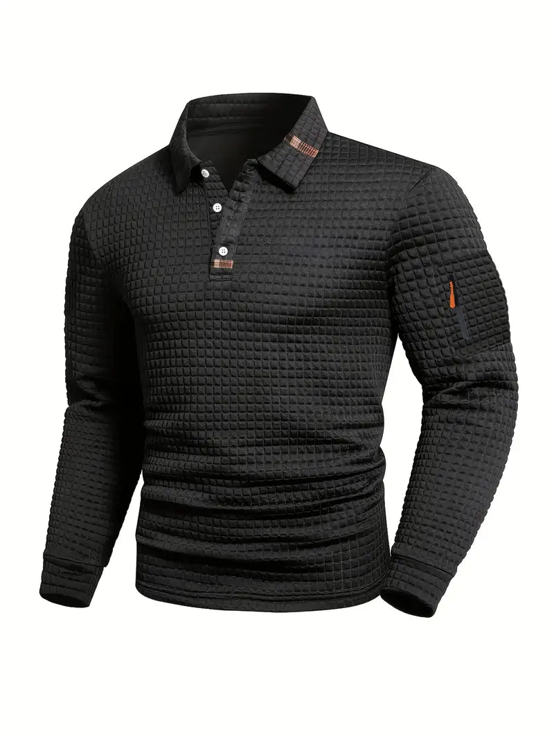 Men's textured long-sleeve polo sweater with button placket and sleeve zip pocket