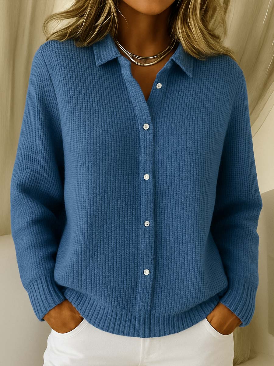 Women's ribbed button cardigan with shirt collar and long sleeves