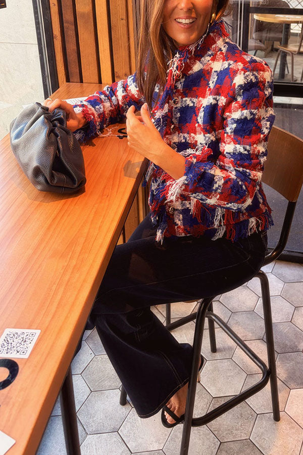 Women's blue checked jacket with fringed trim, long sleeves and button front