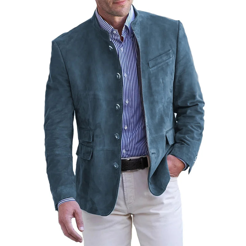 Men's stand-up collar button jacket with chest and patch pockets