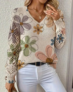Women's multicoloured floral V-neck openwork knit sweater with long sleeves