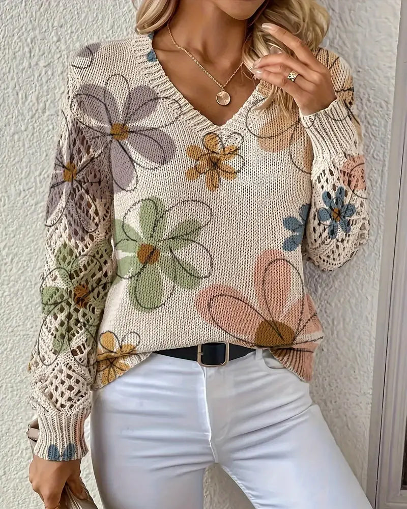 Women's multicoloured floral V-neck openwork knit sweater with long sleeves