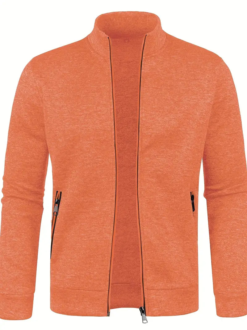Men's full-zip cardigan with stand collar, long sleeves and zipped side pockets