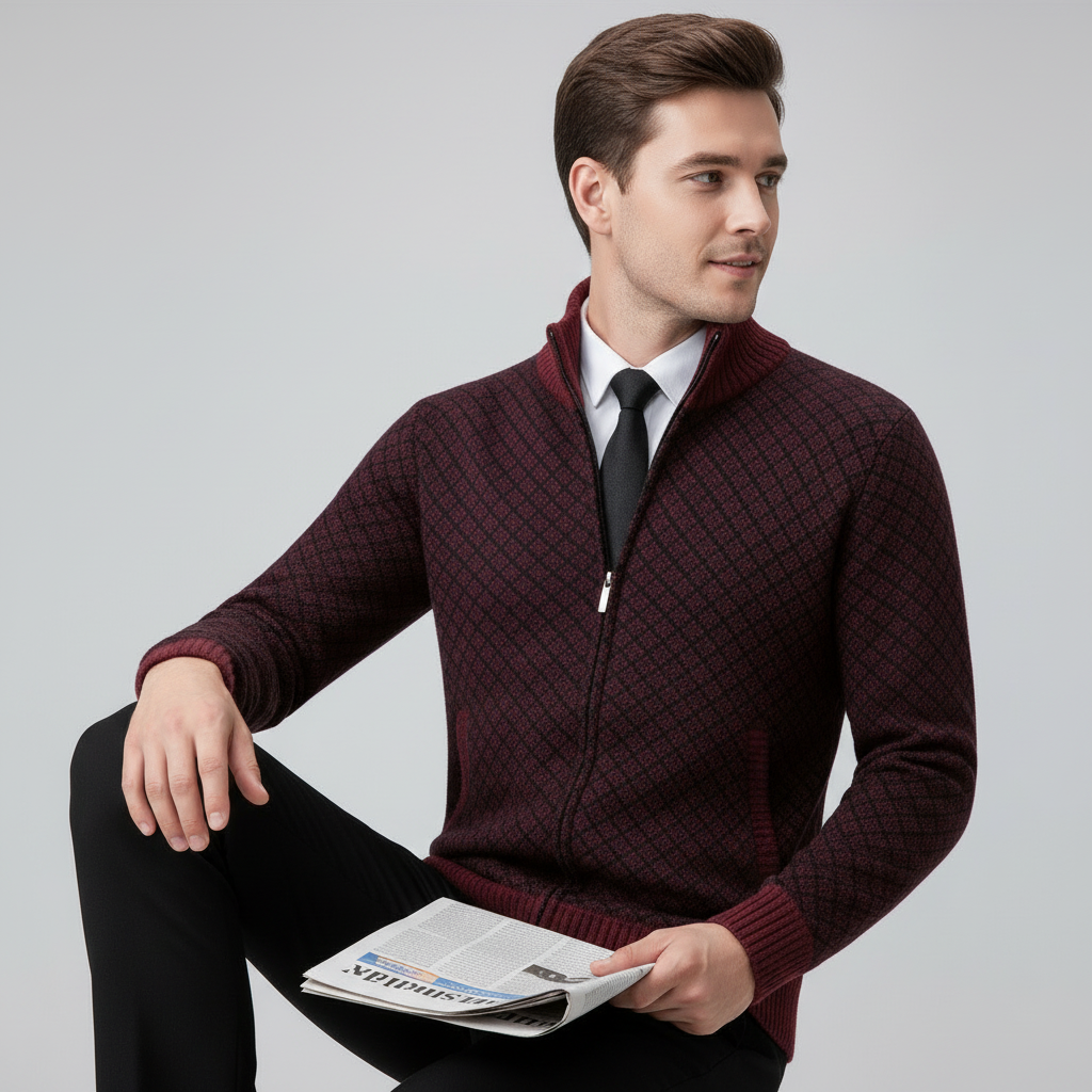 Men's geometric diamond-pattern zip-up jumper with mock neck collar and long sleeves