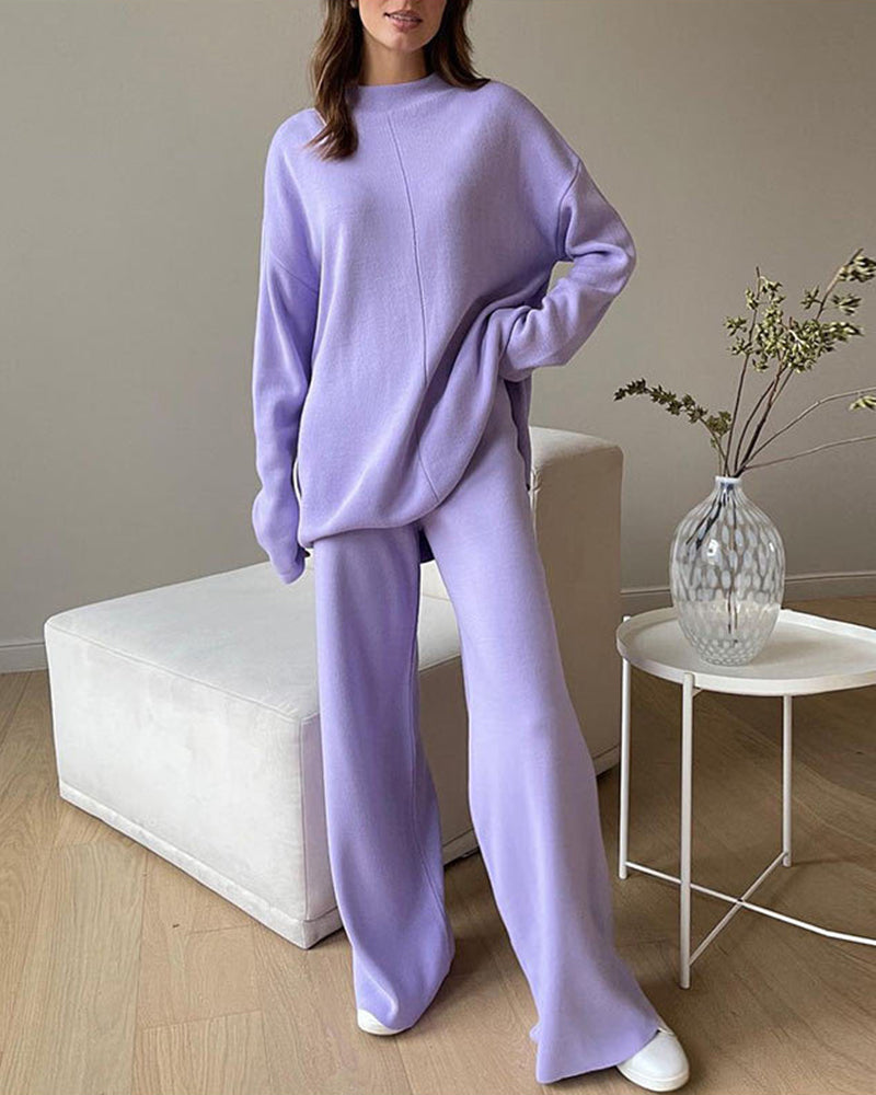 Women's knitted turtleneck top and wide-leg trousers set