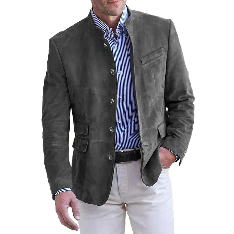 Men's mandarin collar blazer with button front and flap pockets