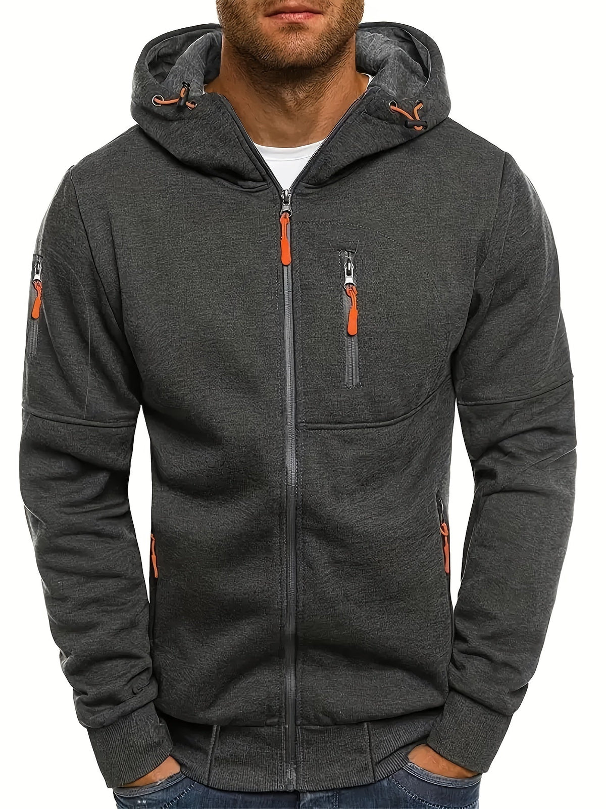 Men's plain hooded jacket with full zip and zipped pockets