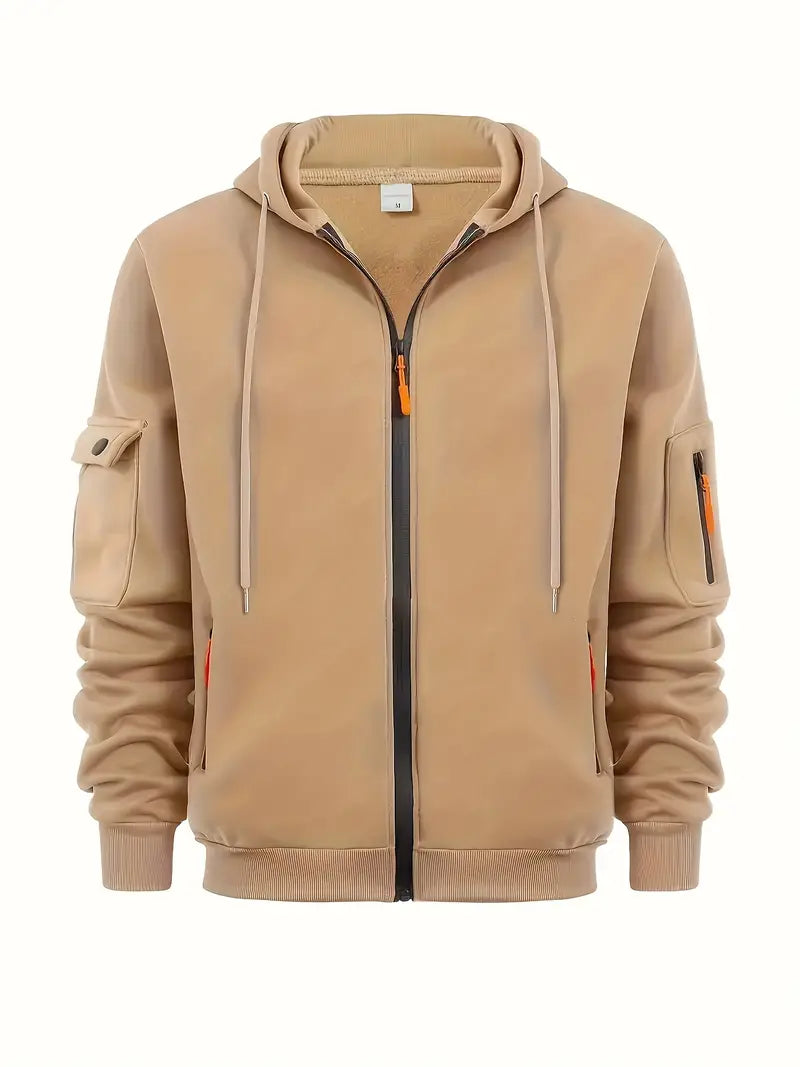 Men's full-zip hooded sweatshirt with long sleeves and utility pockets