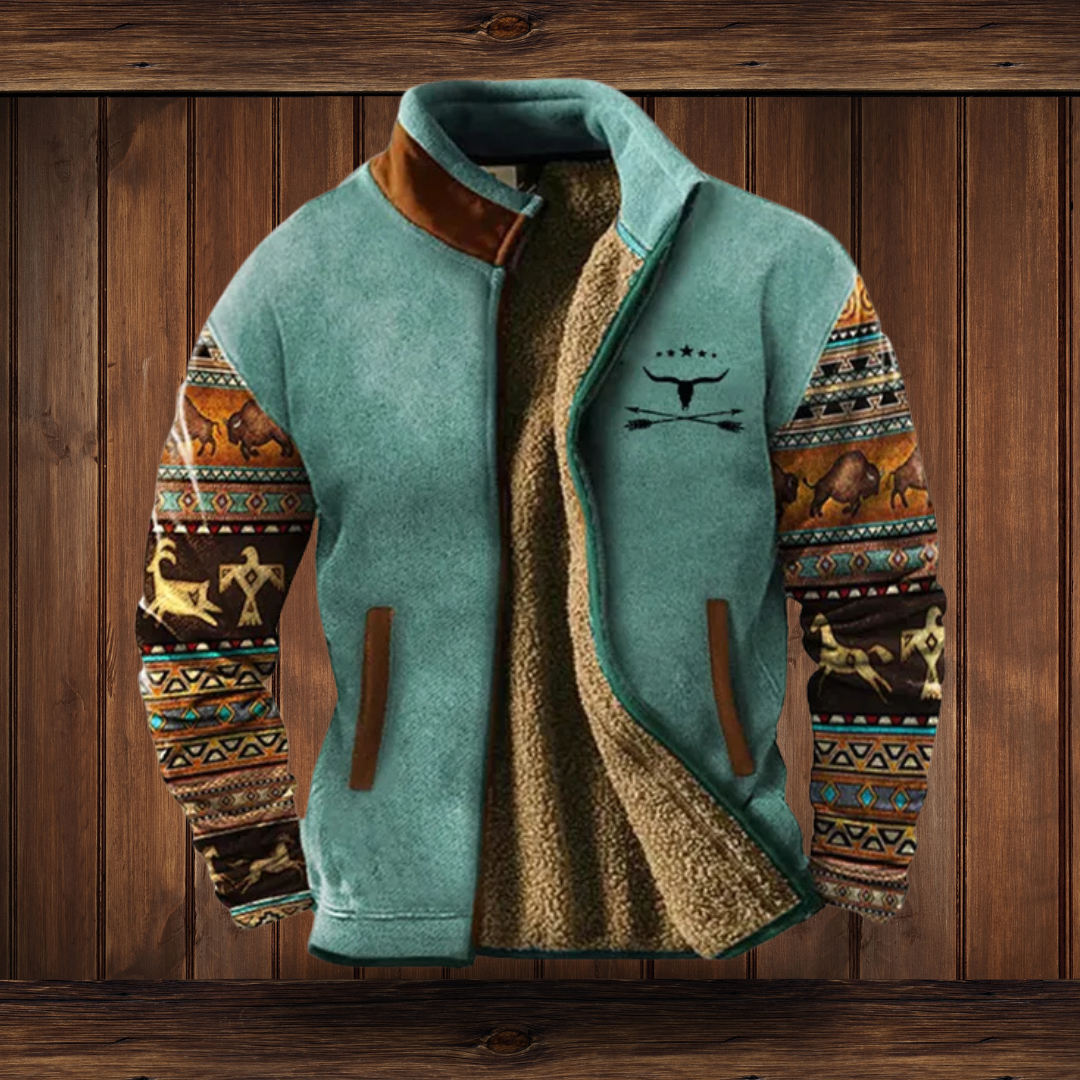 Men's jacket with a stand collar, full zip and patterned long sleeves