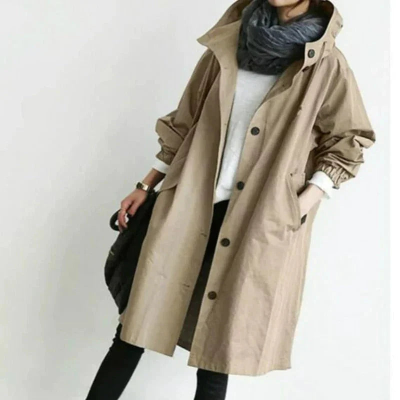 Women's long hooded trench coat with button front and large pockets