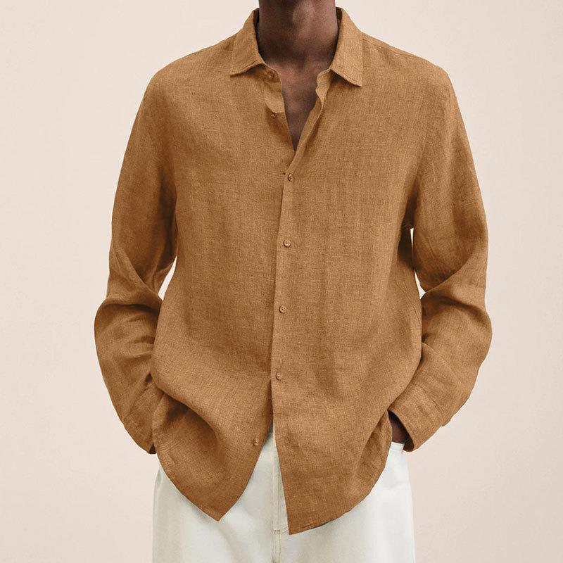 Men's plain long-sleeve collared shirt with button front and curved hem