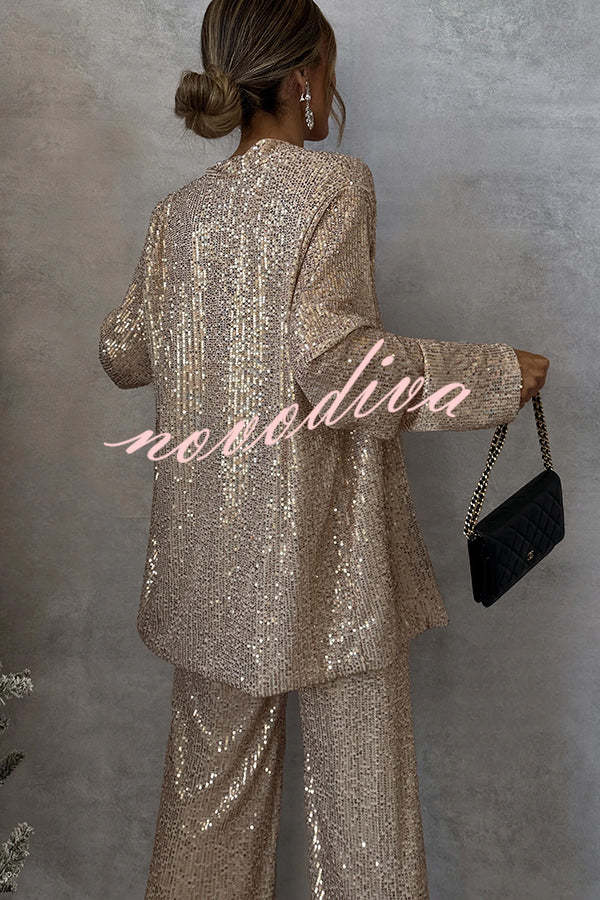 Women's open-front sequin jacket with long sleeves and draped fit