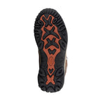 Brown lace-up hiking boots with orange laces and rugged black soles