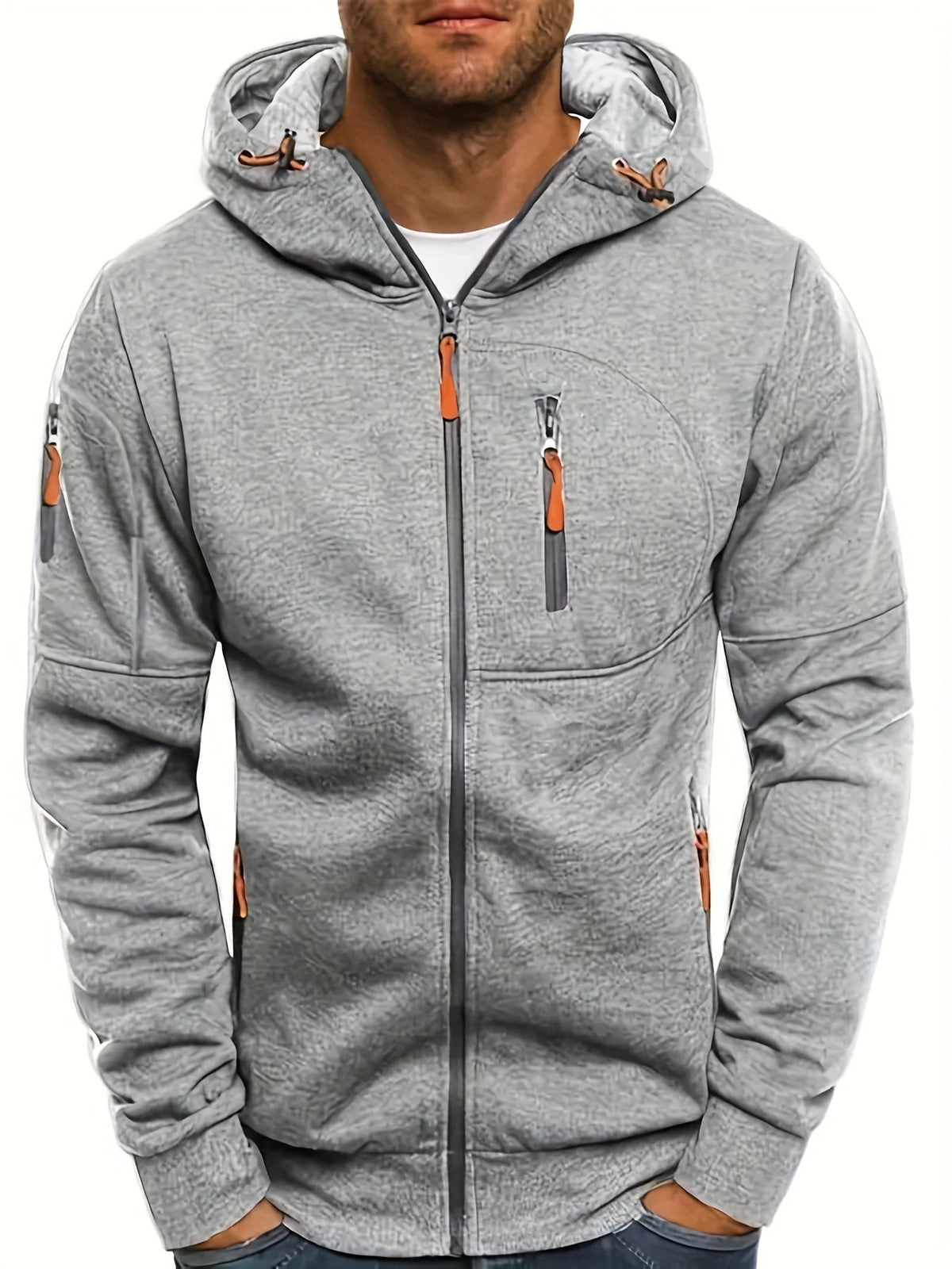Men's plain hooded jacket with full zip and zipped pockets