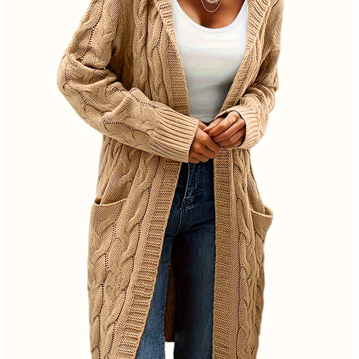 Women's long textured knit cardigan with open front, long sleeves and front pockets
