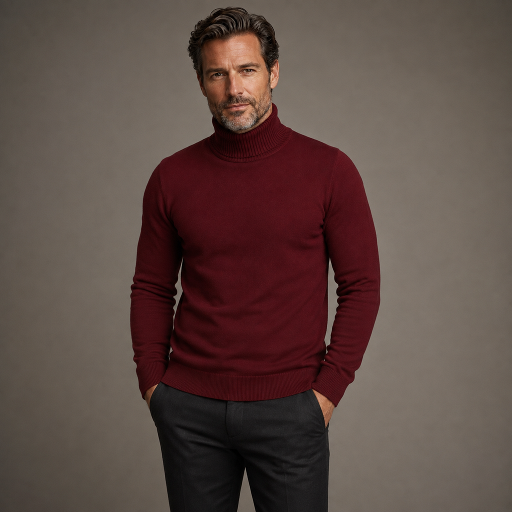 Men's plain turtleneck sweater with long sleeves and ribbed trims