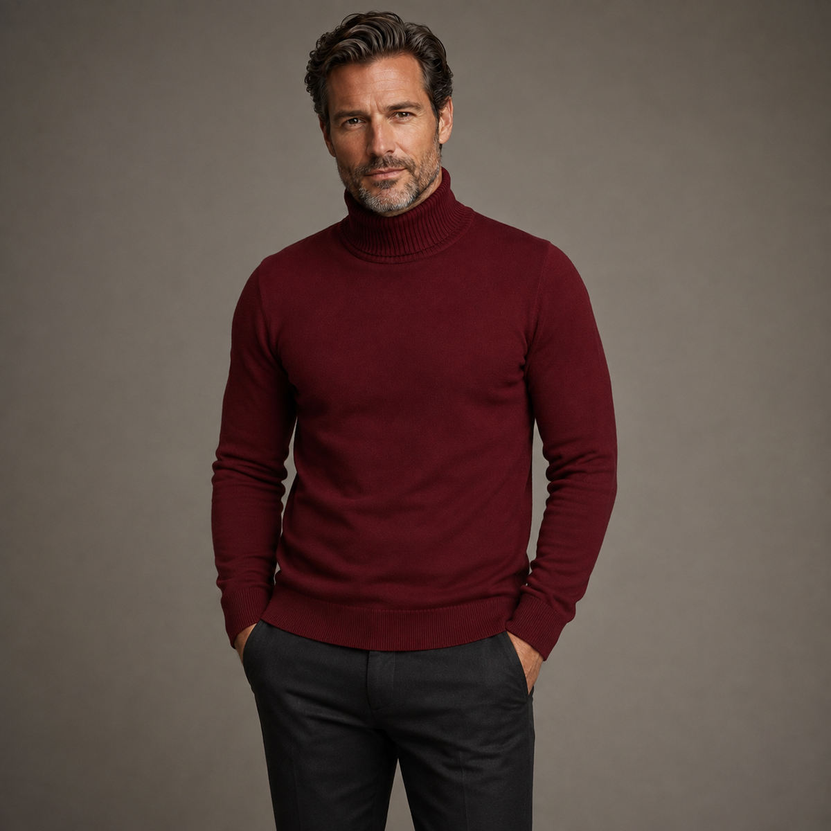 Men's plain turtleneck sweater with long sleeves and ribbed trims