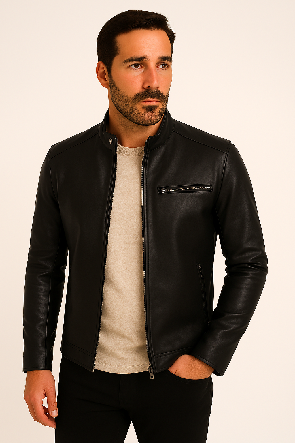 Men's plain faux leather jacket with stand collar and chest zip pocket