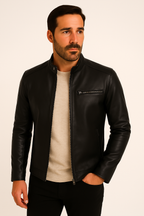 Men's plain faux leather jacket with stand collar and chest zip pocket
