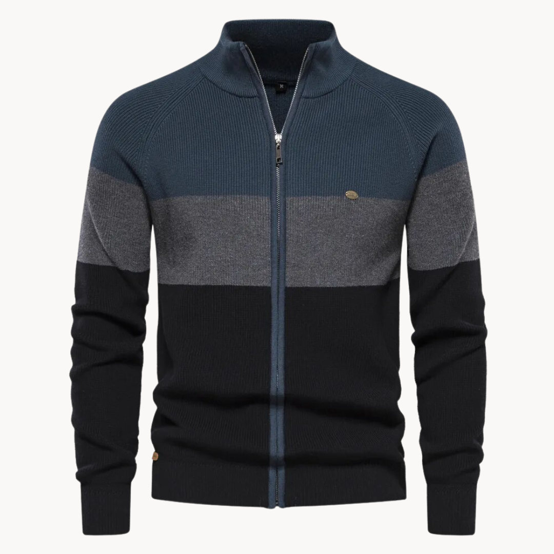 Men's colour-block striped cardigan with mock neck and front zip