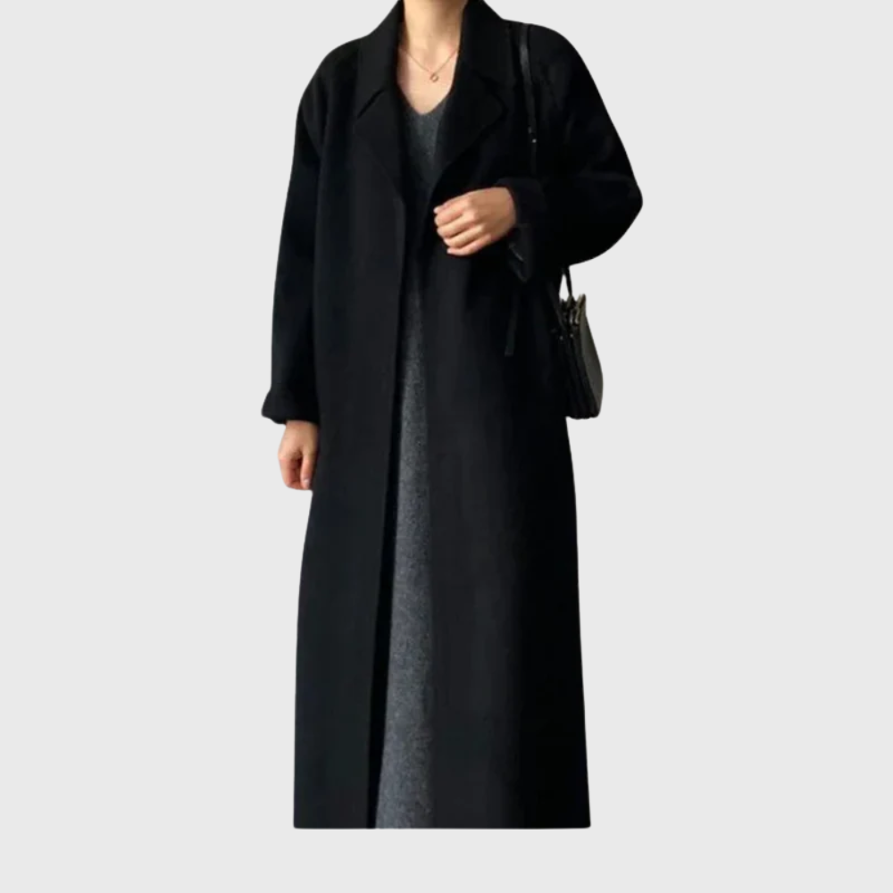 Women's long wrap coat with wide lapels and tie belt
