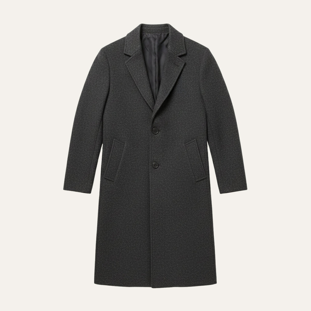 Men's long overcoat with notched lapels, button front and side pockets