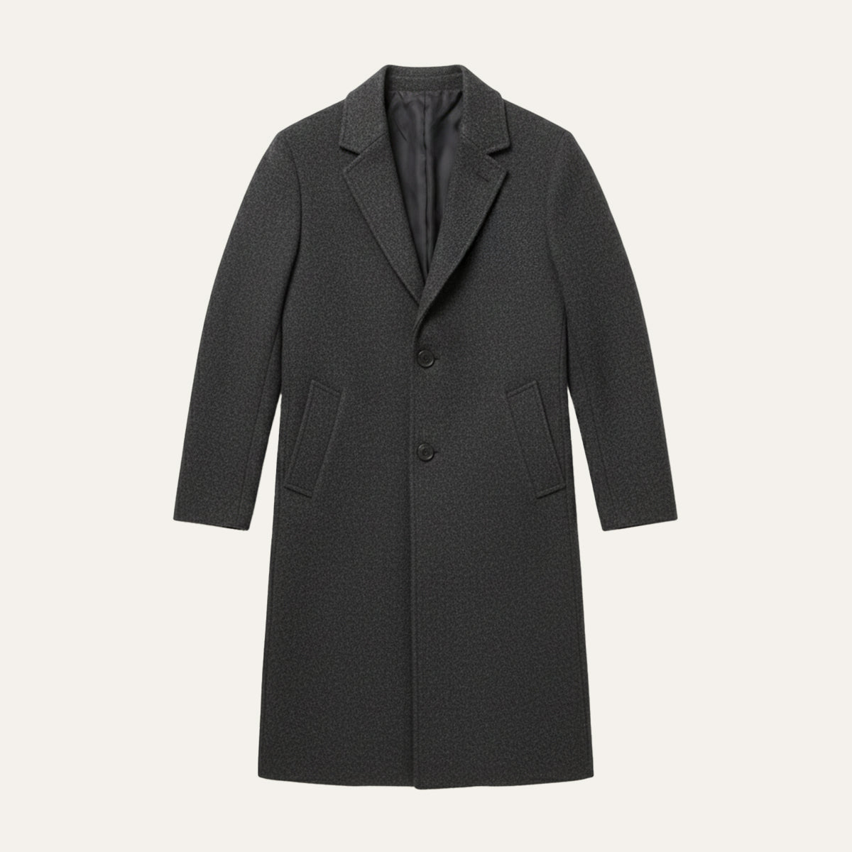 Men's long overcoat with notched lapels, button front and side pockets