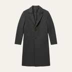 Men's long button-front overcoat with notch lapels and side pockets
