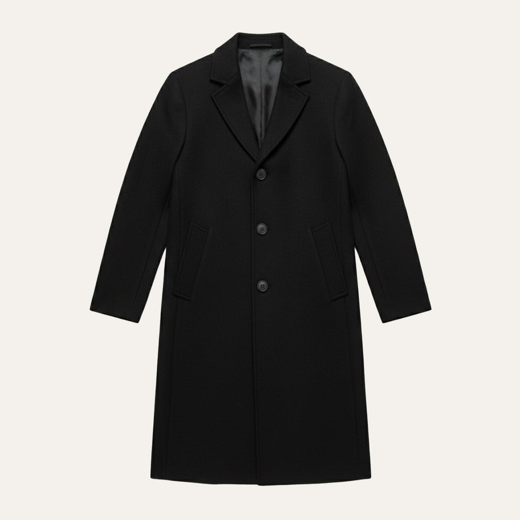 Men's long button-front overcoat with notch lapels and side pockets