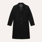 Men's long button-front overcoat with notch lapels and side pockets