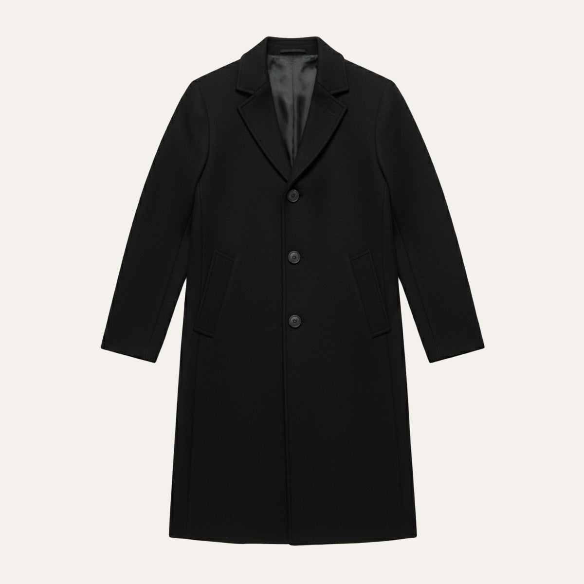Men's long button-front overcoat with notch lapels and side pockets