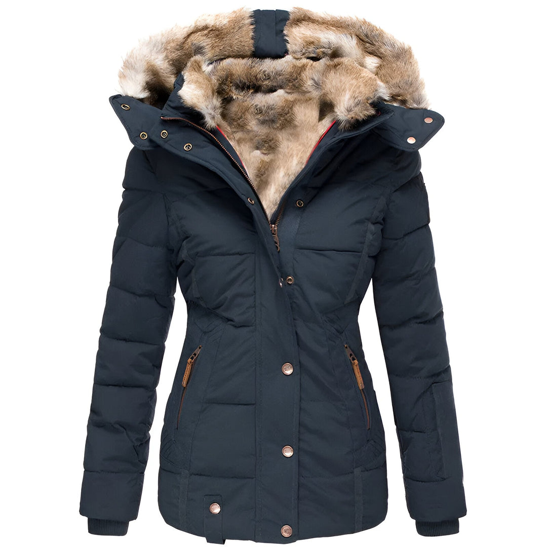 Women's quilted hooded jacket with fur-trimmed hood and zipped pockets