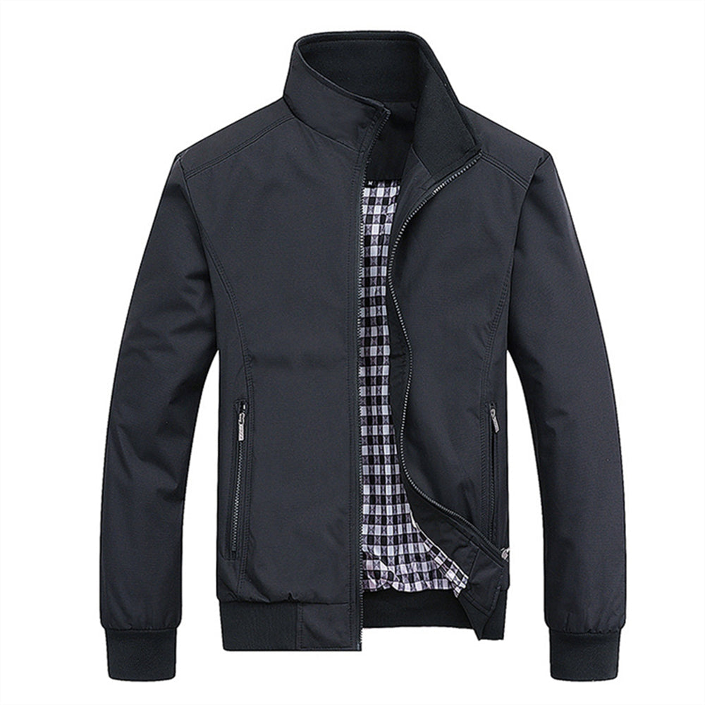 Men's retro jacket with stand collar, zip pockets and checked lining