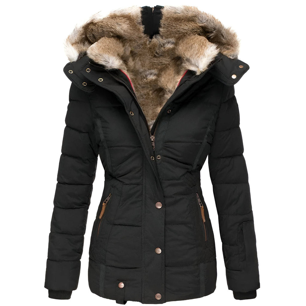 Women's quilted hooded jacket with fur-trimmed hood and zipped pockets