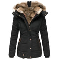 Women's quilted hooded jacket with fur-trimmed hood and zipped pockets