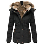 Women's quilted hooded jacket with fur-trimmed hood and zipped pockets