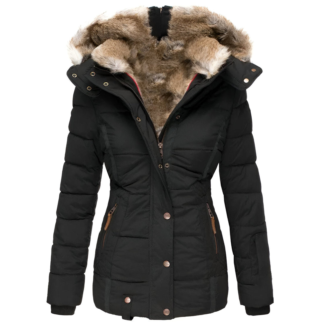 Women's quilted hooded jacket with fur-trimmed hood and zipped pockets