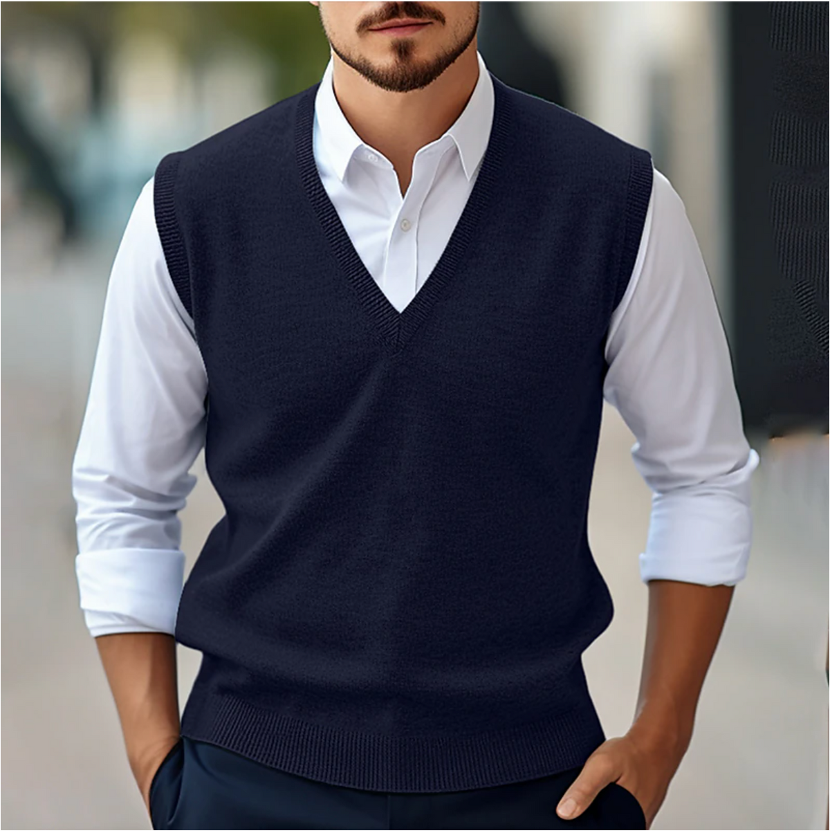 Men's sleeveless knitted V-neck sweater vest layered over a white shirt