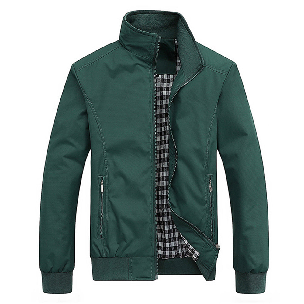 Men's retro jacket with stand collar, zip pockets and checked lining