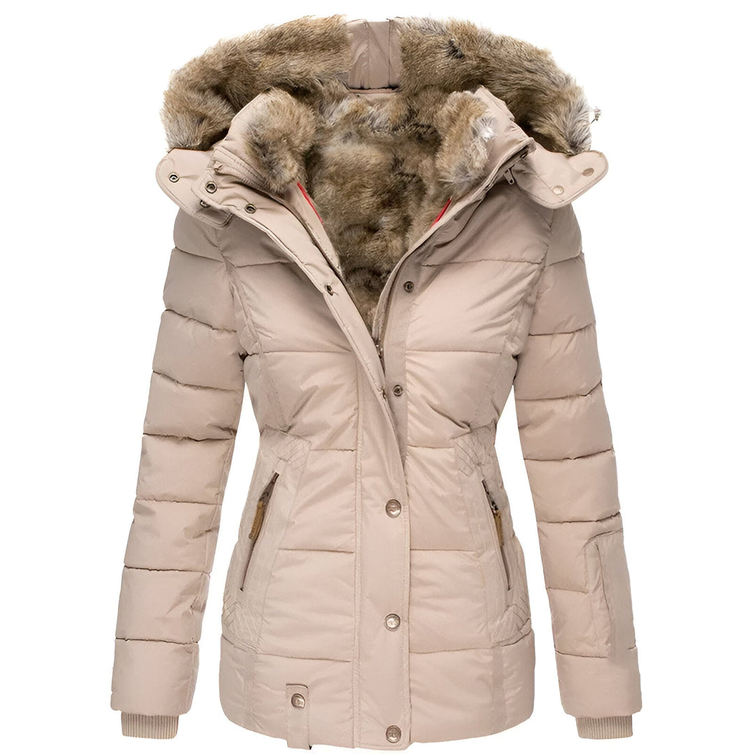 Women's quilted hooded jacket with fur-trimmed hood and zipped pockets