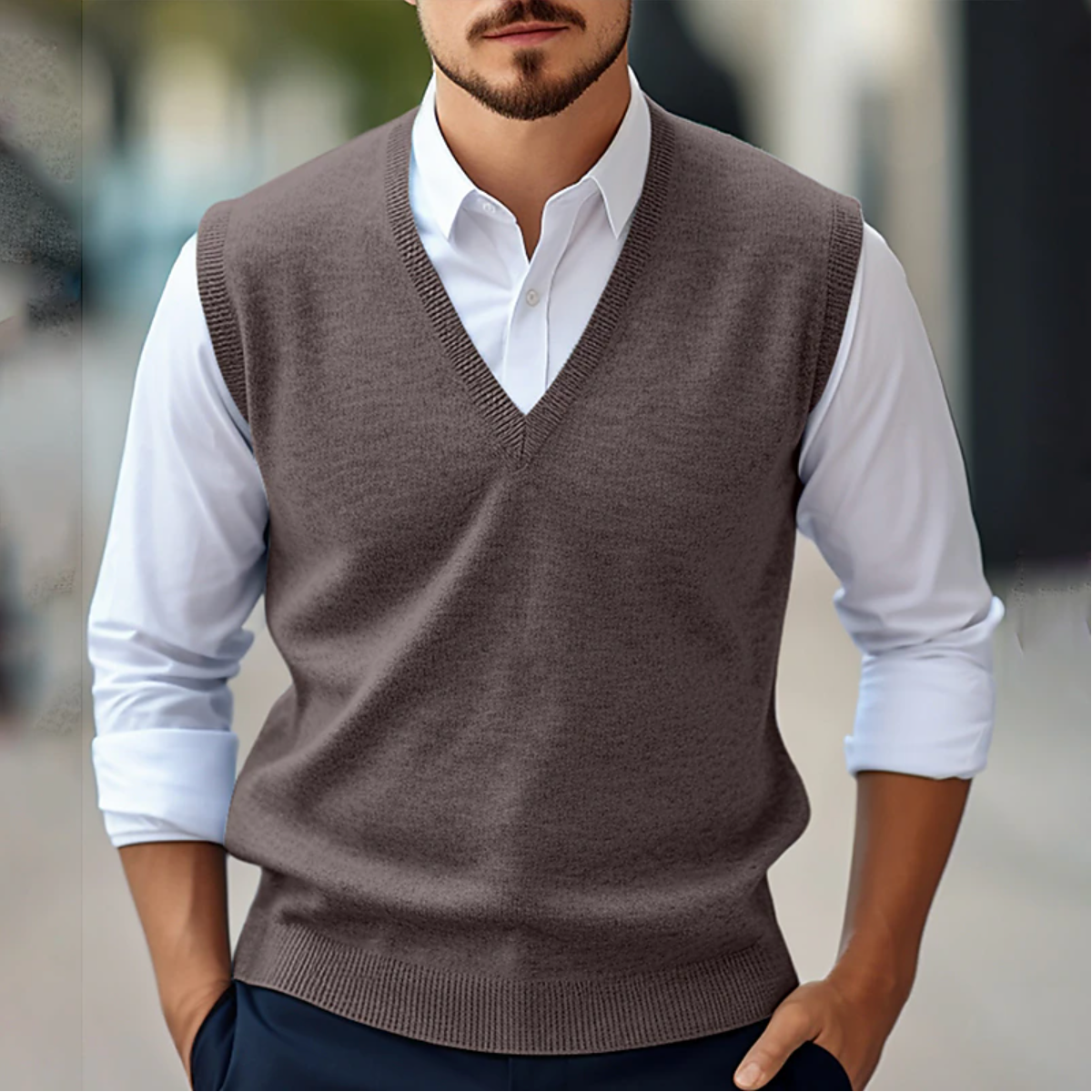 Men's sleeveless knitted V-neck sweater vest layered over a white shirt