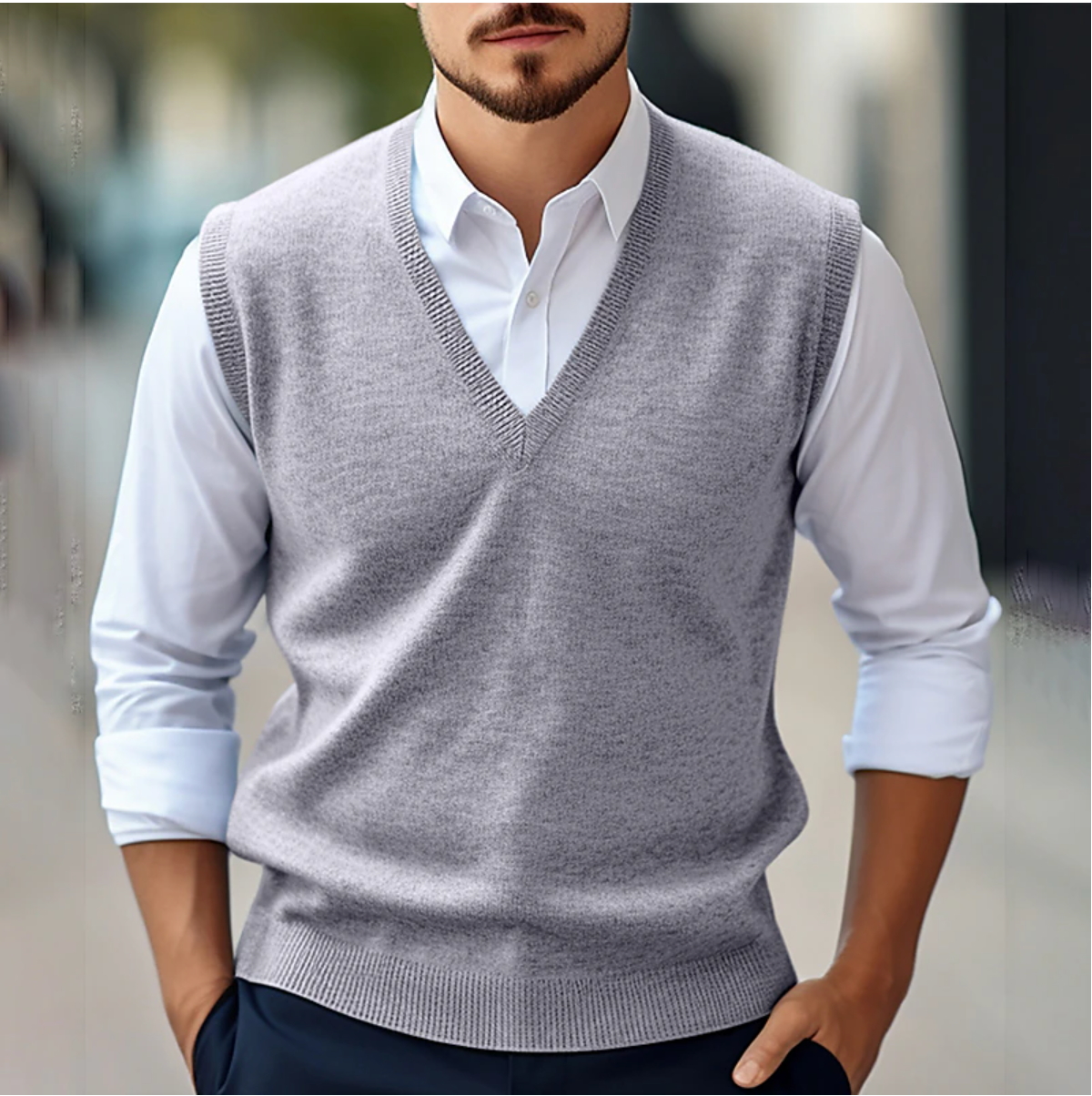 Men's sleeveless knitted V-neck sweater vest layered over a white shirt